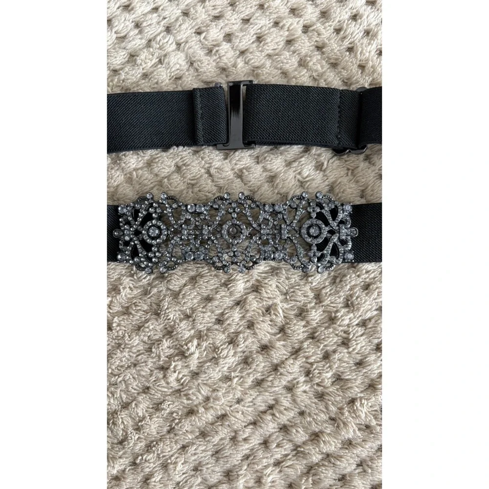 BCBG MAXAZRIA Black Platinum Rhinestone Medallion Elastic Belt | OS